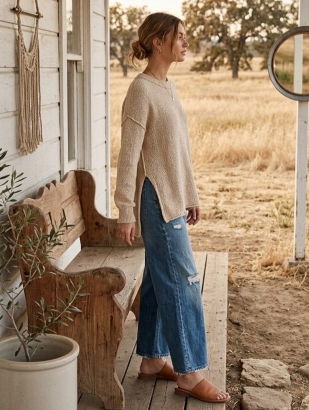 🍃 SOLD 🍃 AERIE COZY KNIT RELAXED FIT SIDE SPLIT HEM CREWNECK RIBBED SWEATER - Picture 2 of 2